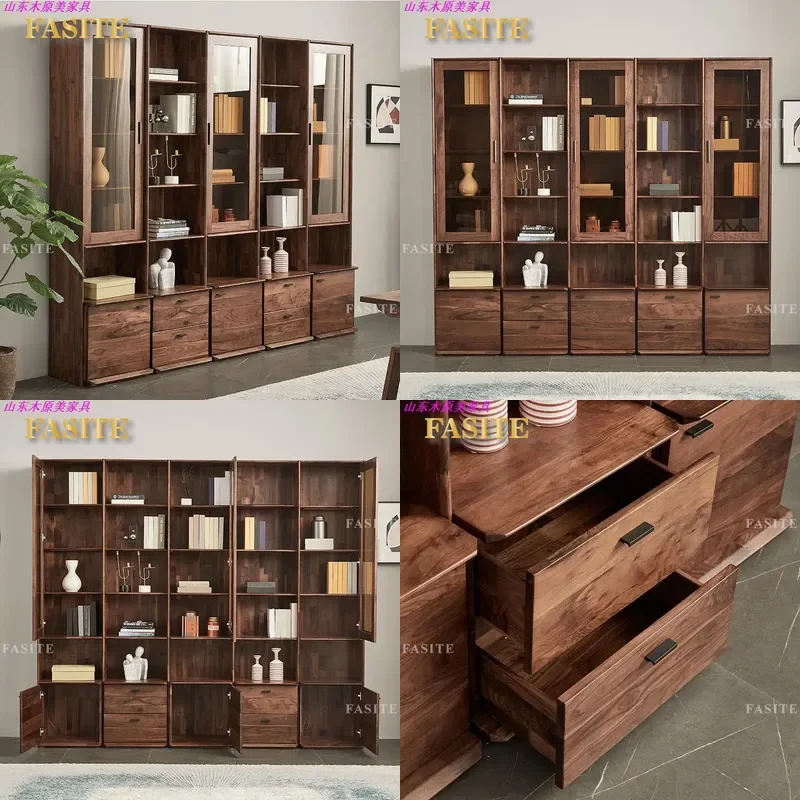 For North American Black Walnut Solid Wood Bookcase with Glass Door Modern Simple Study Office Furniture Log Style Storage
