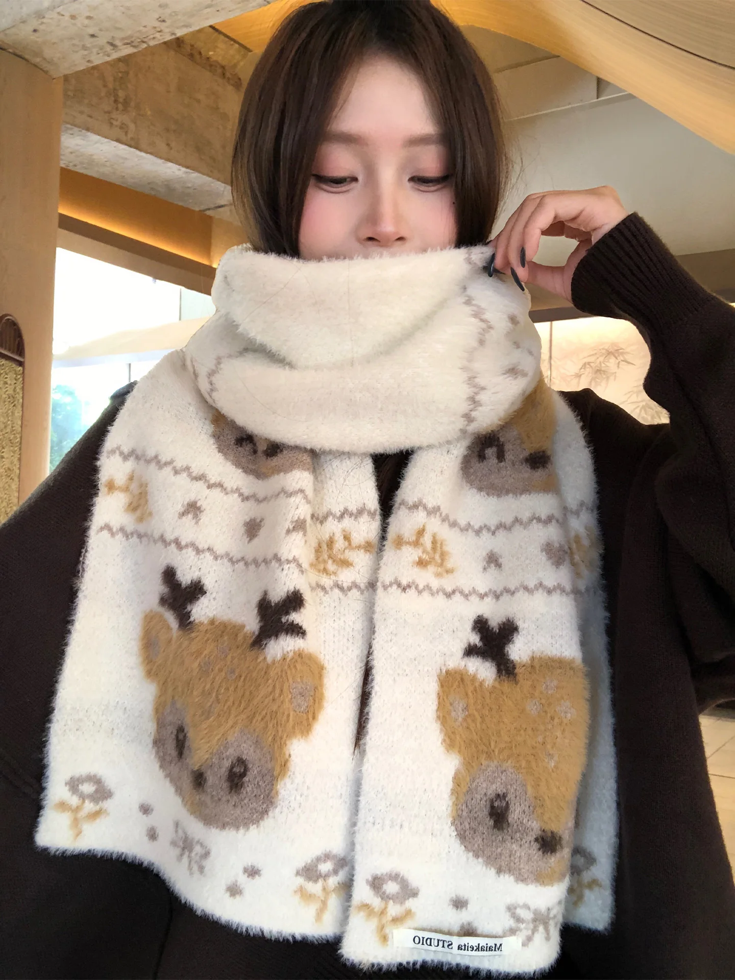 Adorable Cartoon Deer Plush Knitted Scarf Women's Autumn Winter New Style Warm Sweet Versatile Atmosphere Feeling Neck Warmer