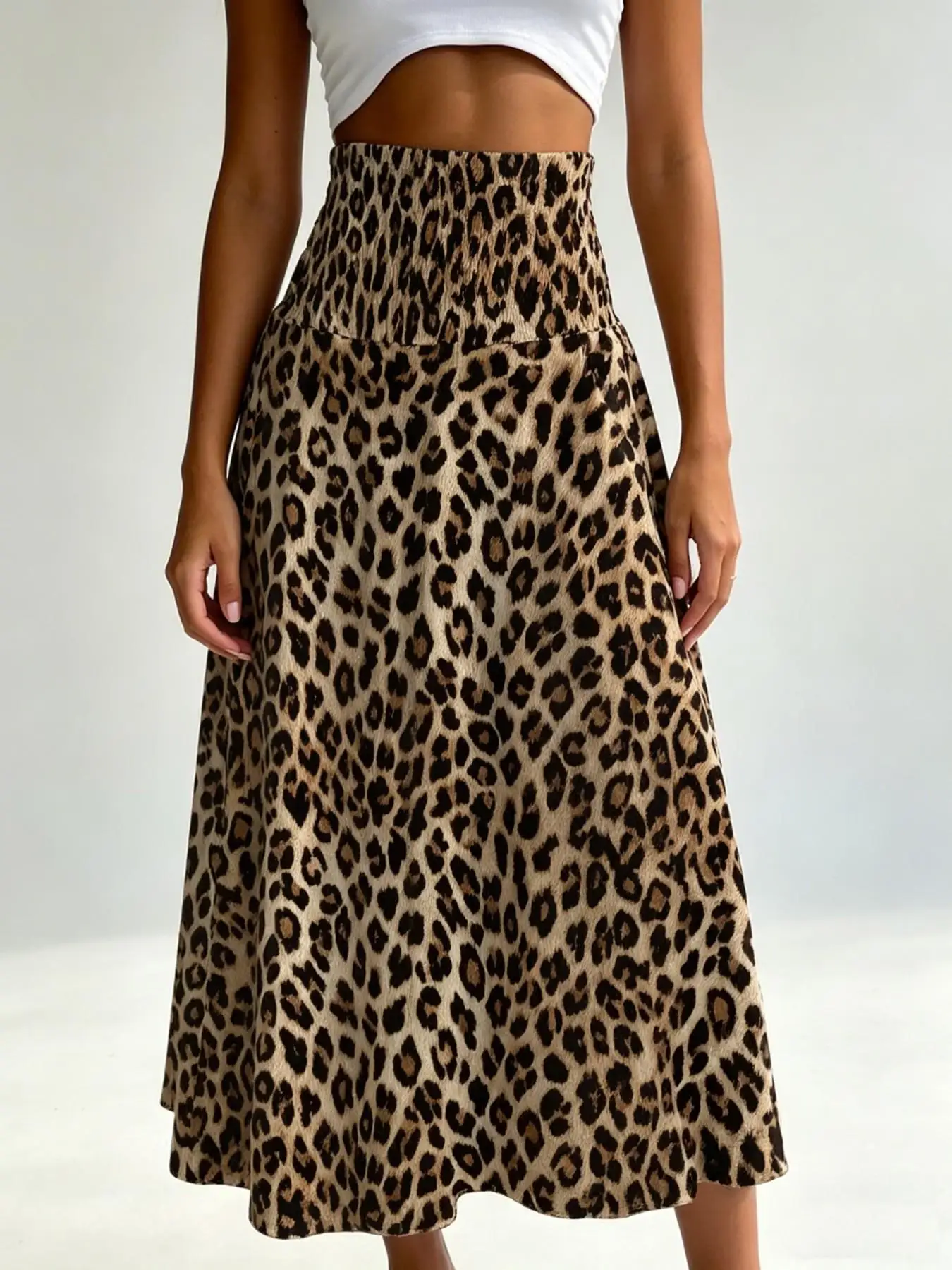 Damen Leoparden-Print Swing Maxirock mit Hoher Taille, Geraffter Taille und Dehnbarem Stoff im Casual Resort-Stil, Ideal für Strand & Alltag – Detail 5