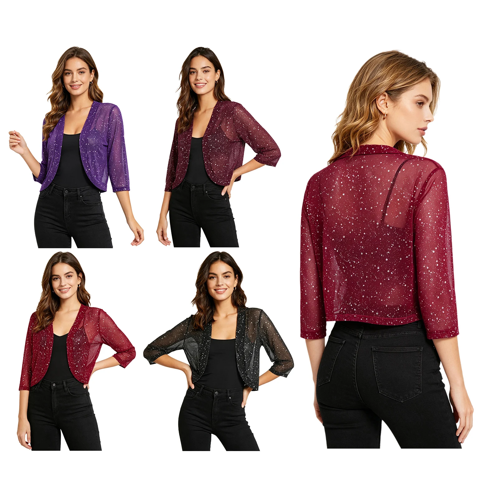 Summer Women Sheer Mesh Cropped Bolero Tops Casual Spots 3/4 Sleeve Open Front Curved Hem Cardigan Shrugs Shawls Jacket Shirt