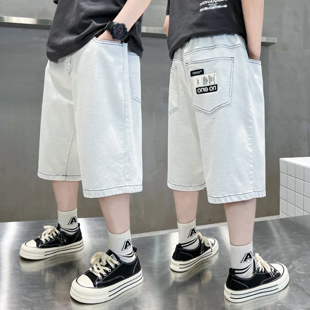 2026 New Summer Kids Brief Style White Shorts for Tweens Boy Casual Street Bottoms Children Fashion Loose Straight Jeans Capris