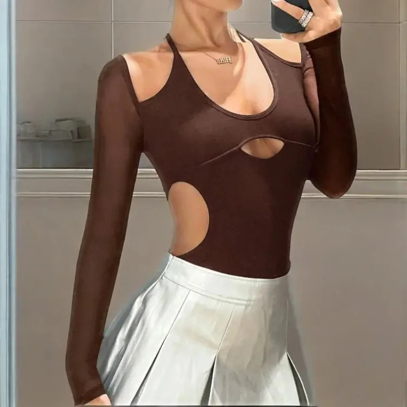 Baju Bodysuit Wanita Musim Panas, Gaya Eropa Amerika, Seksi, Model Hollow, Leher Terbuka, Tali di Belakang, Tanpa Punggung, Desain Pure Desire