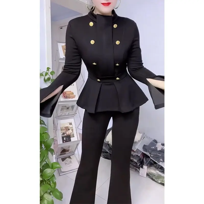 

2025 Spring Fashion Long Sleeve Suit Women's New Design Temperament Cover Belly Skinny Top Micro Pants Two-piece Set