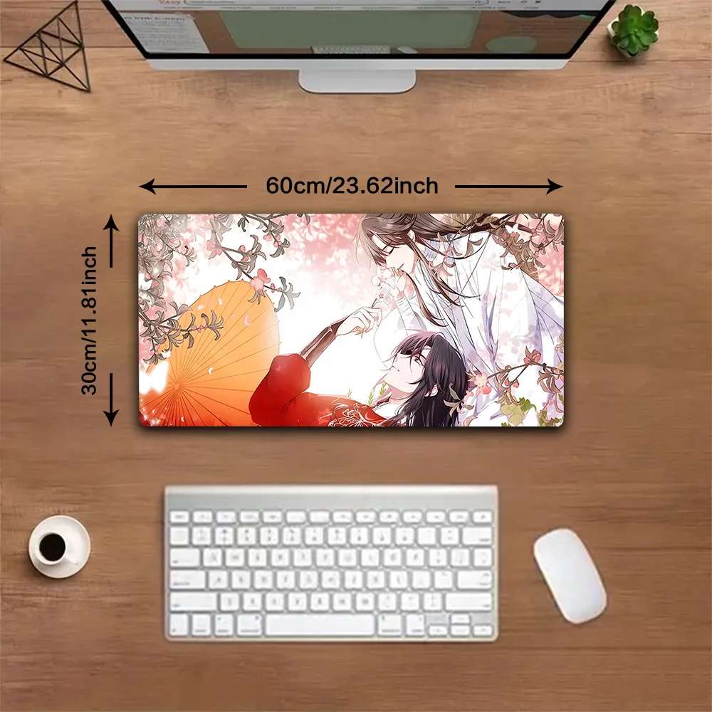 XXL Anime Mousepad, cherry blossom background, retro robed anime pair with orange umbrella, HD print, rubber stitched edge