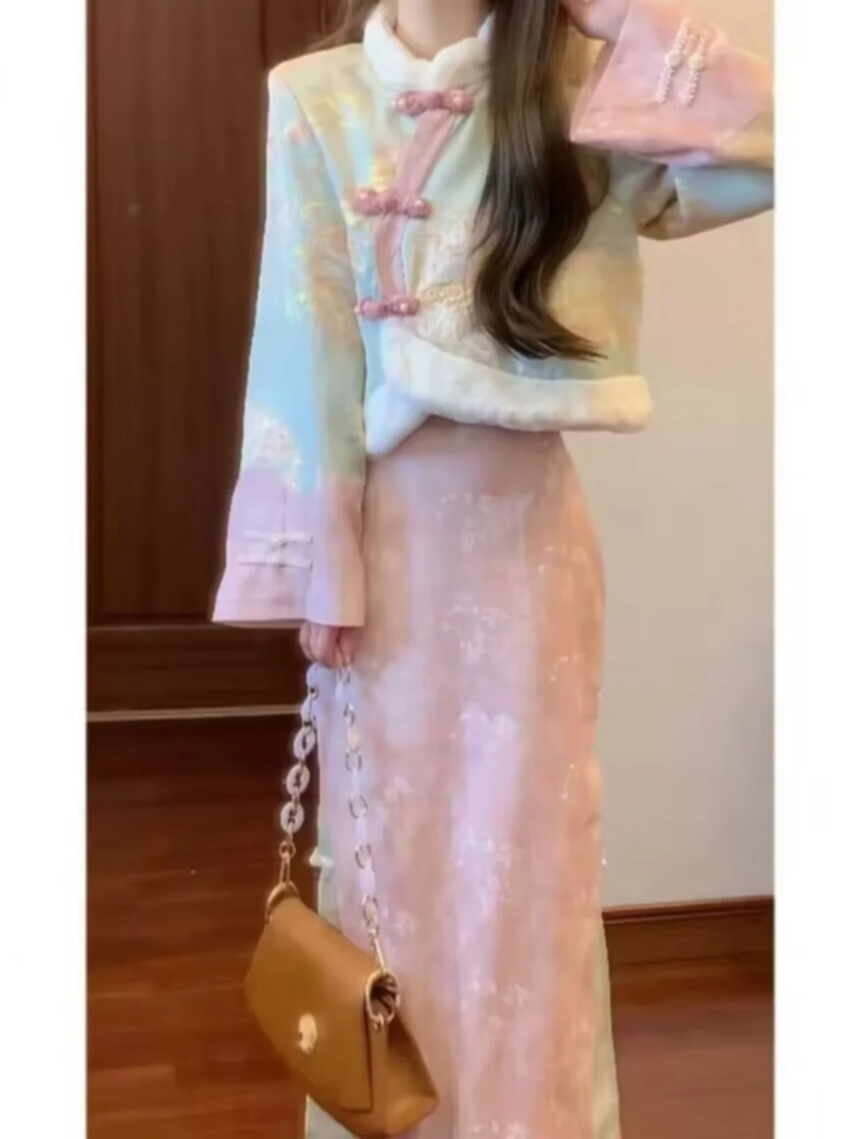 

New Chinese Sle Cotton Jaet with Fce f Skirt Two Piece Set Faionable Spring Collection Button Closure Long...