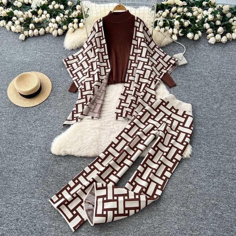 

Pant Set Women Three Piece Sets Mock Neck Full Sleeve Knitted Tops Shawl Coats Wide Leg Long Pants High Waist Y2k Streetwear