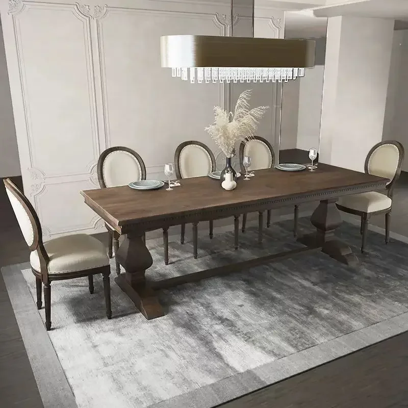 183F American country solid wood dining table and chairs European log large board table rectangular retro medieval conference ta