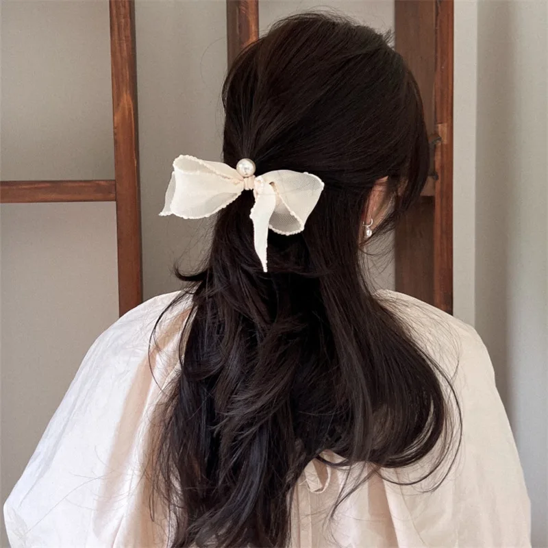 French Girl Fabric Pearl Bow Hair Rope Sweet Tied-up Hair High Elastic Headband Hair Ring Headdress Hair Accessories New