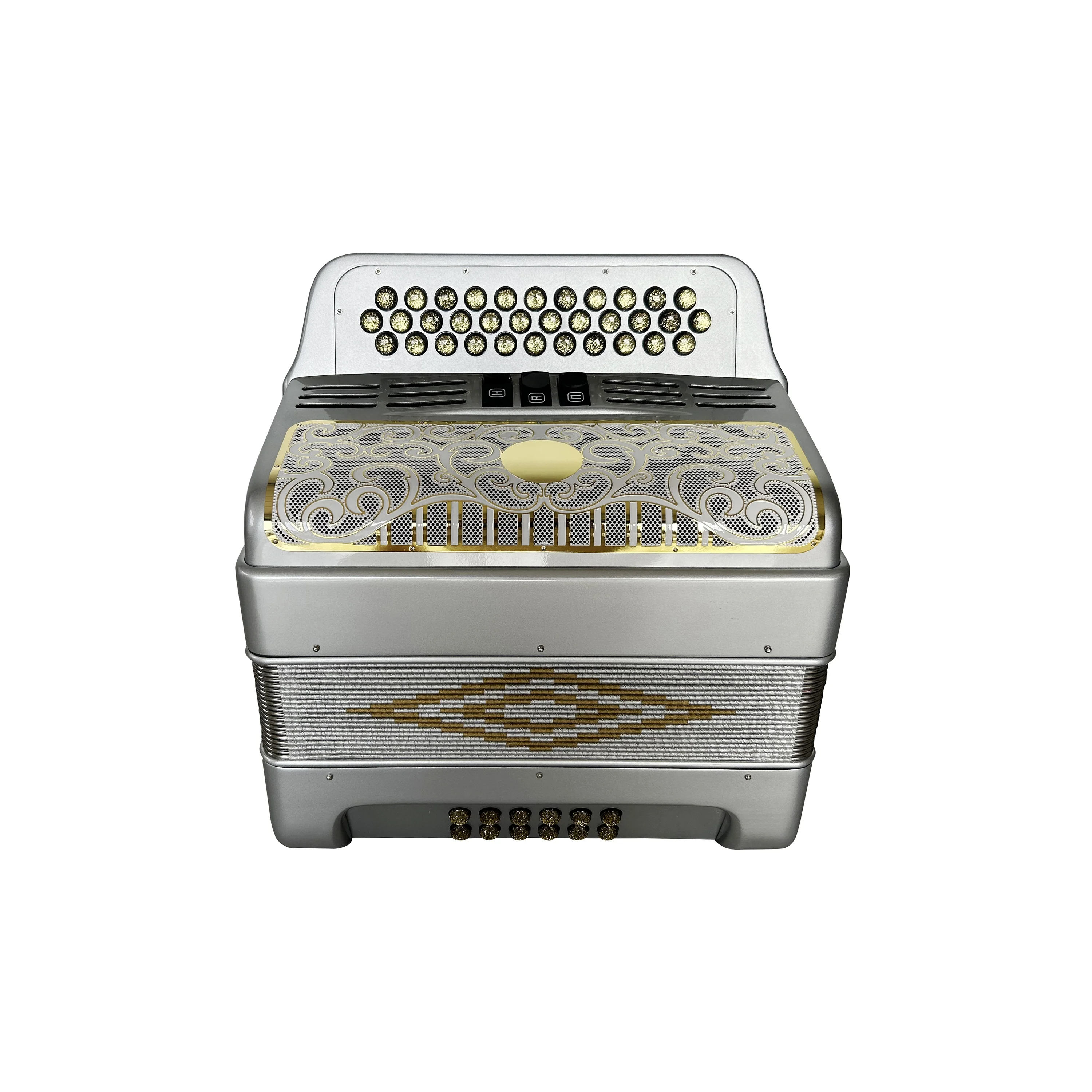 Professional 34-Button 12-Bass 3-Register Silver Accordion White Gold Grill Gold Buttons JB3412C Musical Instrument