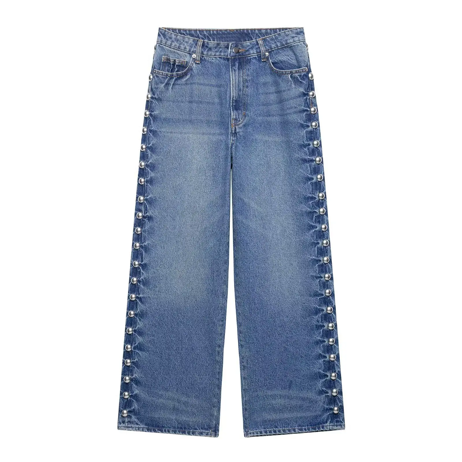 

New Spring/Summer Fashion Casual High Waist Solid Color Loose Fit Rivet Button Fly Straight Leg Floor-Length Jeans