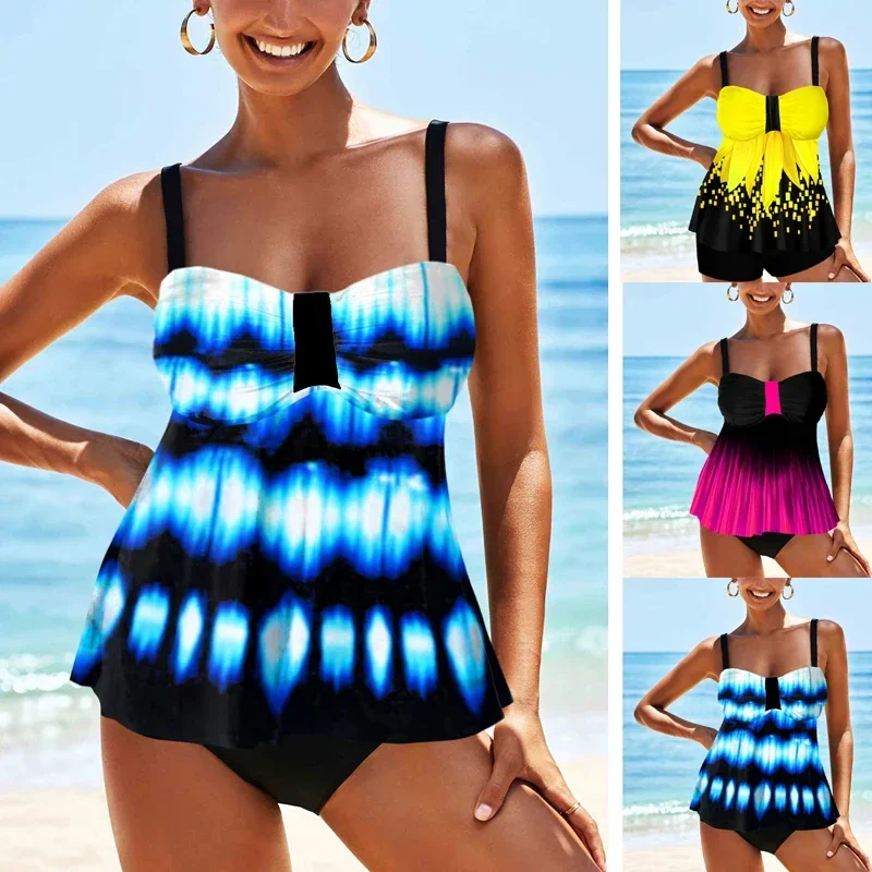 

Summer New Fashionable Swimsuit Leisure Vacation Blue Black Wave Beach Swimsuit Two-piece Set S-6XL