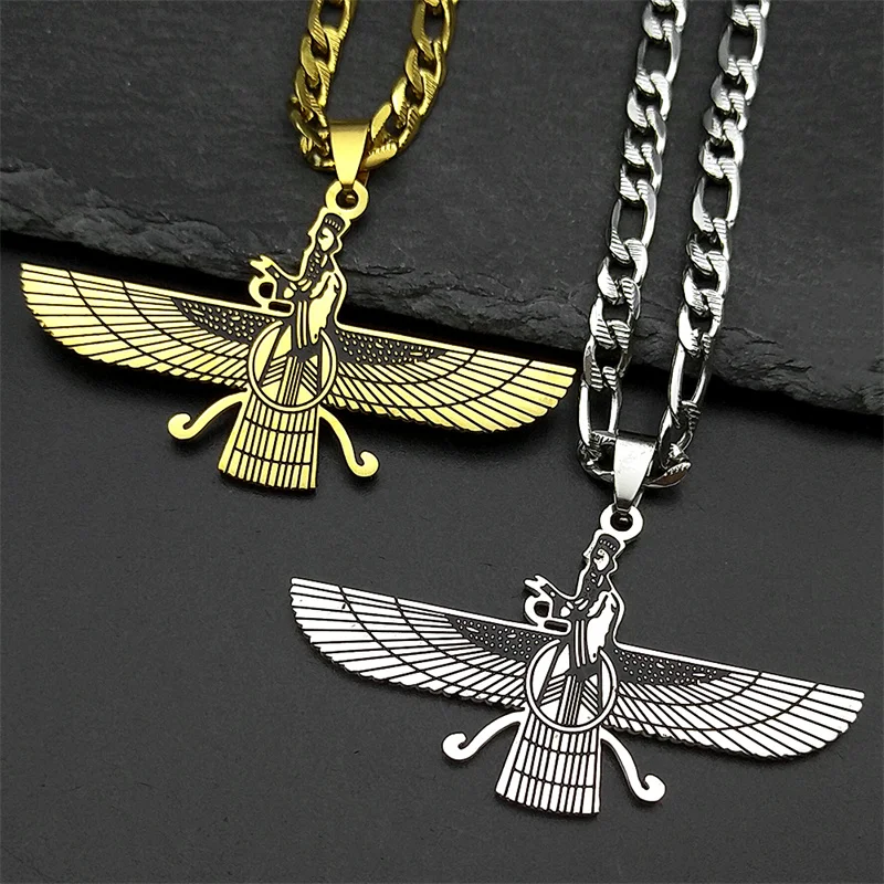 Faravahar Iranian Persian Mazda Pendant Necklace for Men Women Stainless Steel Gold Color Zoroastrianism Protection Jewelry Gift