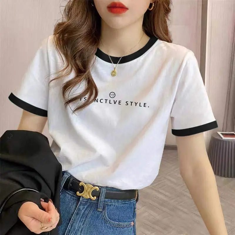 스레드 캐주얼 라운드 넥 디자인 반팔 티셔츠 여성 여름 새로운 스플 라이스 대비 색상 얇은 탑