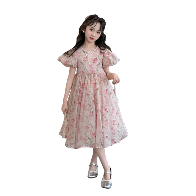 Girls Summer dress 2024 new 5-12 years old 15 years old big children sweet temperament foreign flower princess dress