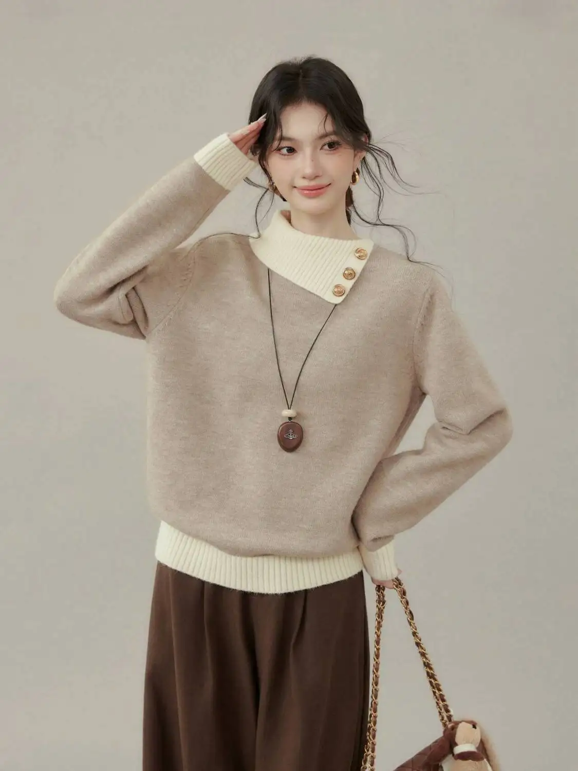 

Contrasting color lapel knitted sweater winter new pullover long-sleeved top