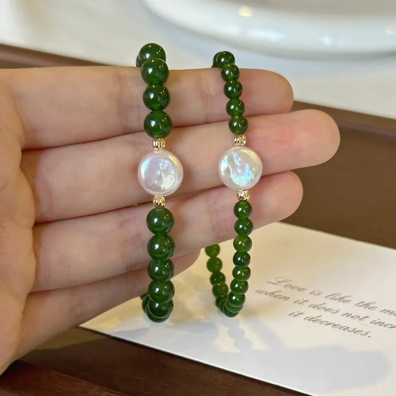 Green Chalcedony Baroque Freshwater Pearl Elastic Beaded Bracelet Adjustable Niche New Chinese Style Agate Bracelet For Women