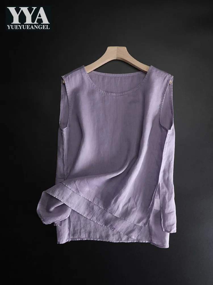 Summer Women Sweet Sleeveless T-Shirt 100% Ramie Solid Color O-Neck Loose Fit Casual Vintage Fashion Female Pullover Tees Tops
