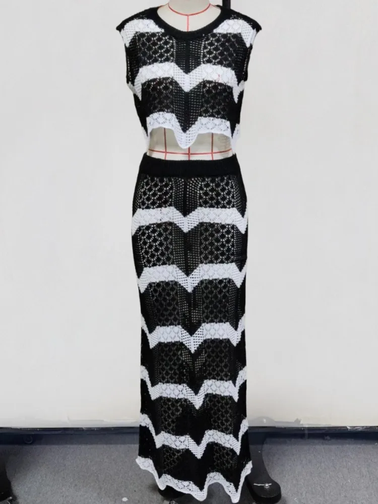 Swimwear Skirt Cover-up 2 Piece Set Women Crop Tops And Maxi Skirt Bathing Suit Fashion Solid Hollow Sexy Beach Cover Up Outfits