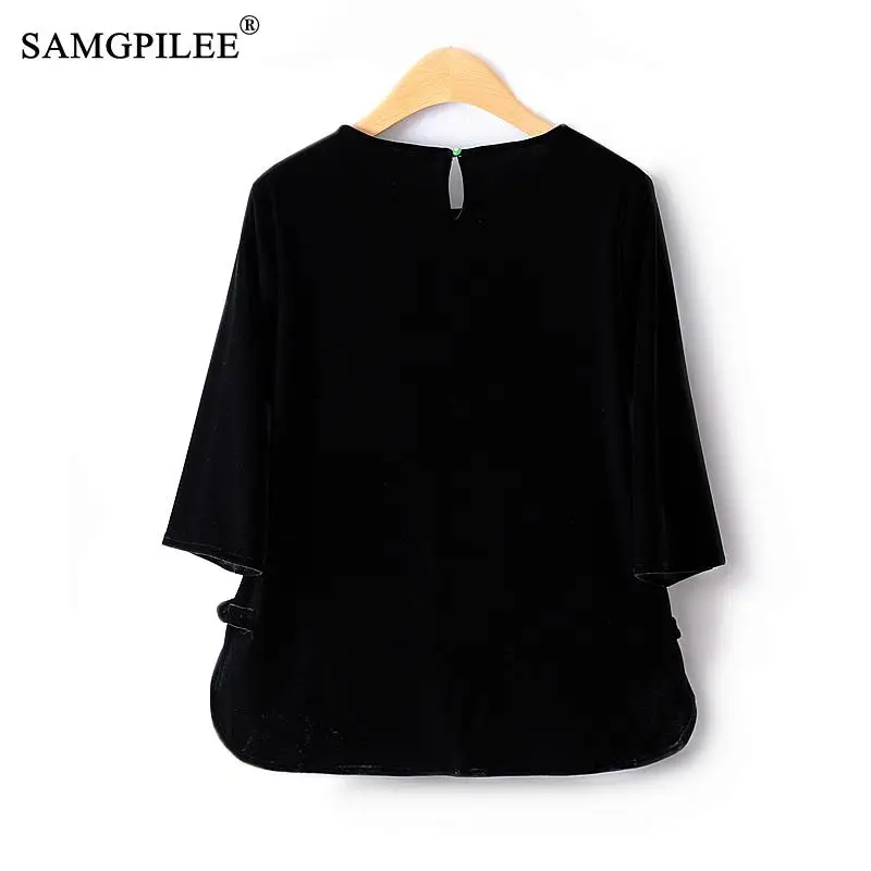 Simple Y2k Tops New Velvet O Neck Three Quarter Sleeves A Line Drape Black 2024 Autumn Wintern Fashion Women's T-shirts