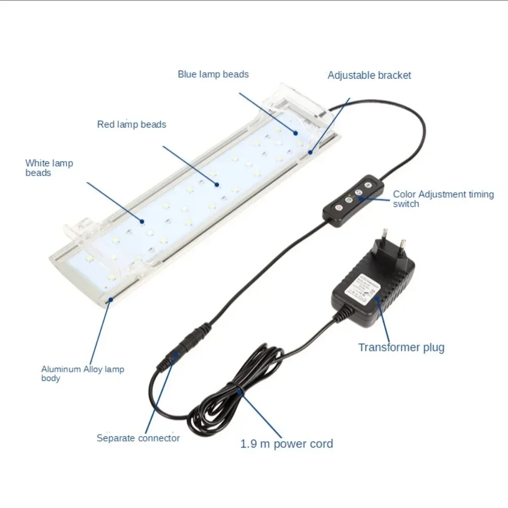 Lampu akuarium LED multi warna dengan braket yang dapat diperpanjang, lampu tanaman tangki ikan, LED laut air laut tahan air, 3 mode warna cahaya