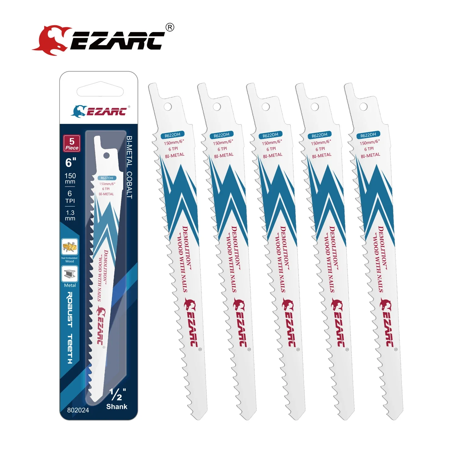 

EZARC 6inch 6TPI Reciprocating Saw Blades 5pcs Universal 1/2 inch Shank Wood Demolition Bi-Metal Cobalt Sabre Saw Blades R622DH