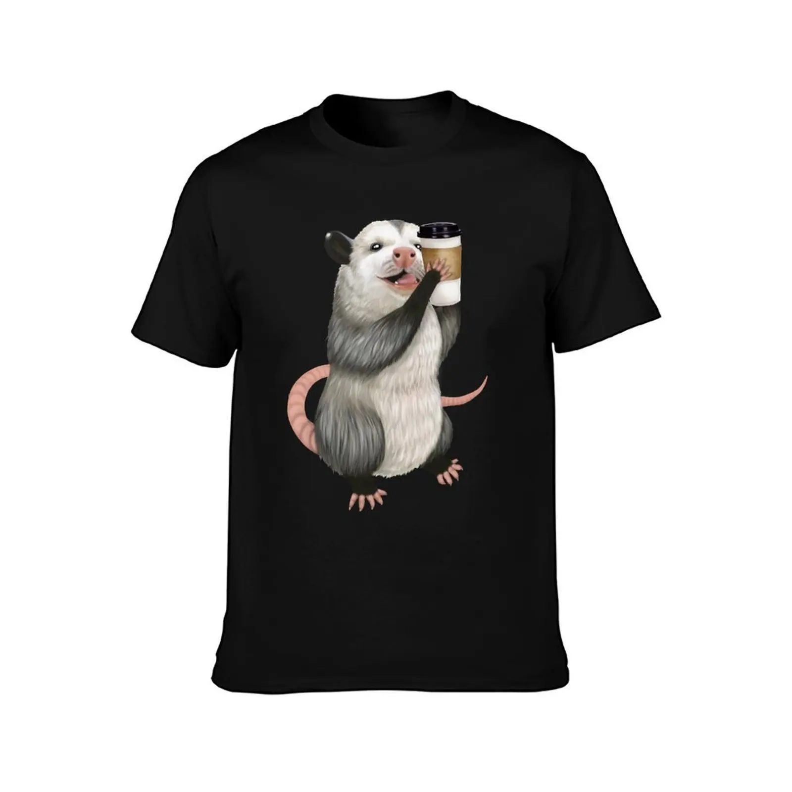 Opossum drinking a cup of coffee T-Shirt Large Size Casual Short Sleeve Top T-Shirt