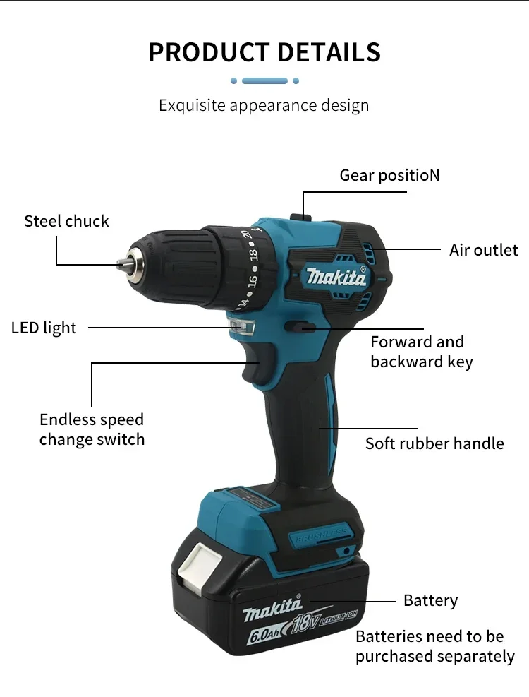 Originální Makita DDF487 akumulátorový šroubovák, bezkartáčový elektrický rázový šroubovák, dobíjecí elektrické nářadí 18V s baterií - náhled 5