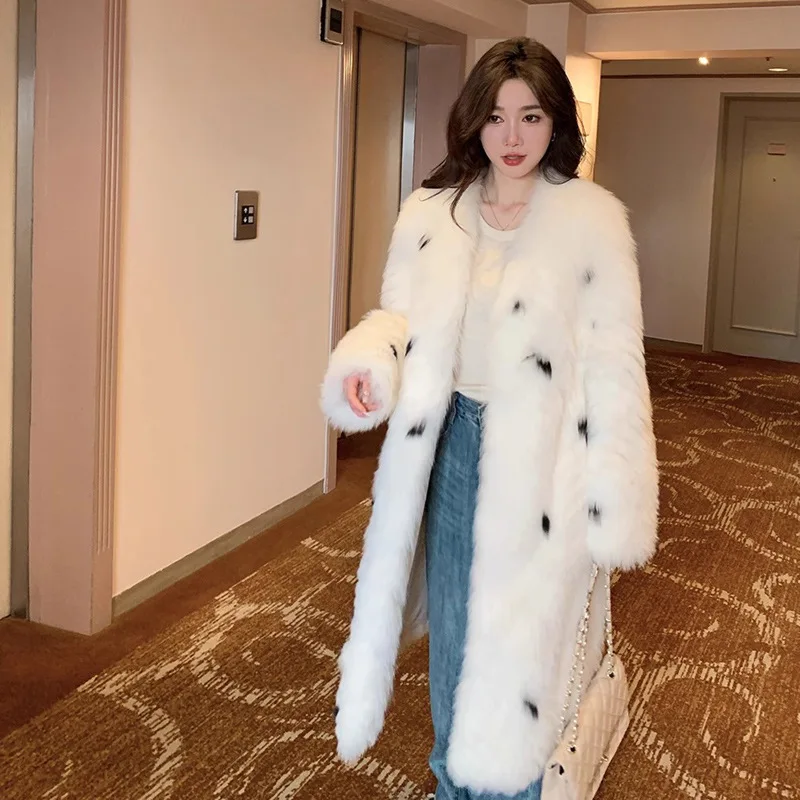 

Women's Coat Imitation Fox Fur Leopard Pattern Spotted Coat V-neck Medium Long Fur Windbreaker Winter New Style Female Clothing