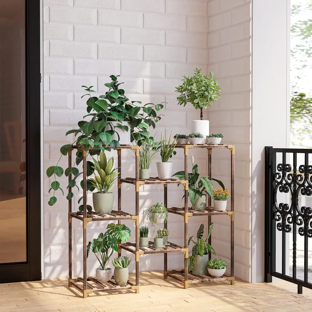 

outdoor wood plant shelves, a variety of plants, plant shelves, ladder tables, plant pot racks