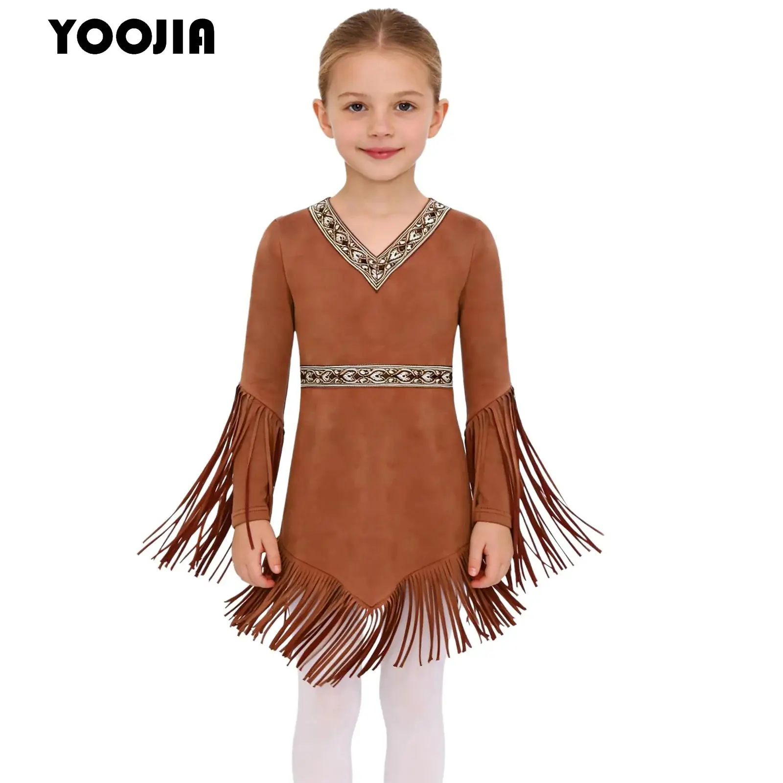 

Girls Native American Cosplay Dress Indian Indigenous Costume Caveman Savage Halloween Long Fringed Sleeve Indian Princess Dress