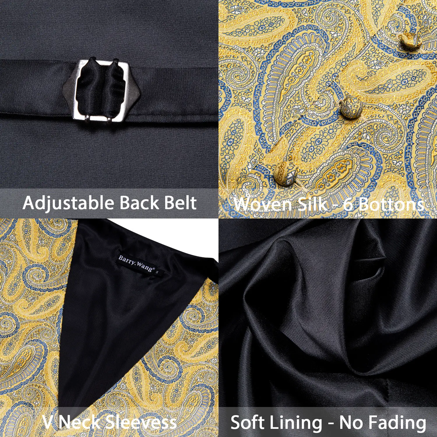 4PC Mens Extra Silk Vest Party Wedding Gold Paisley Solid Floral Waistcoat Vest Pocket Square Tie Suit Set Barry.Wang BM-2017