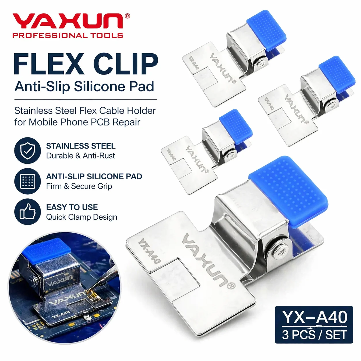 

YAXUN YX-A40 Anti-Slip Silicone Pad Flex Clip, Stainless Steel Flex Cable Holder for Mobile Phone PCB Repair Tools Kit