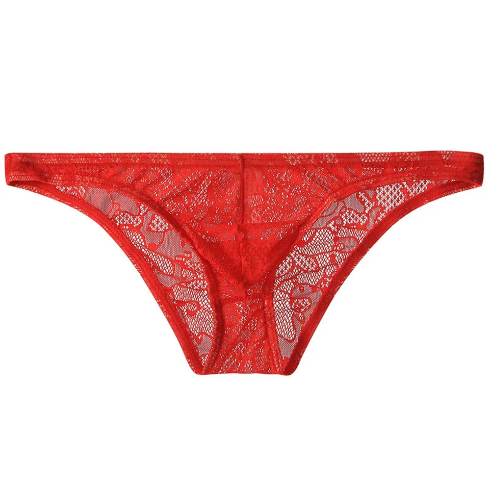 

Breathable Low Rise Underwear Red Lace Pouch Underpants Breathable Fabric Floral Pattern Package Contains 1 Brief