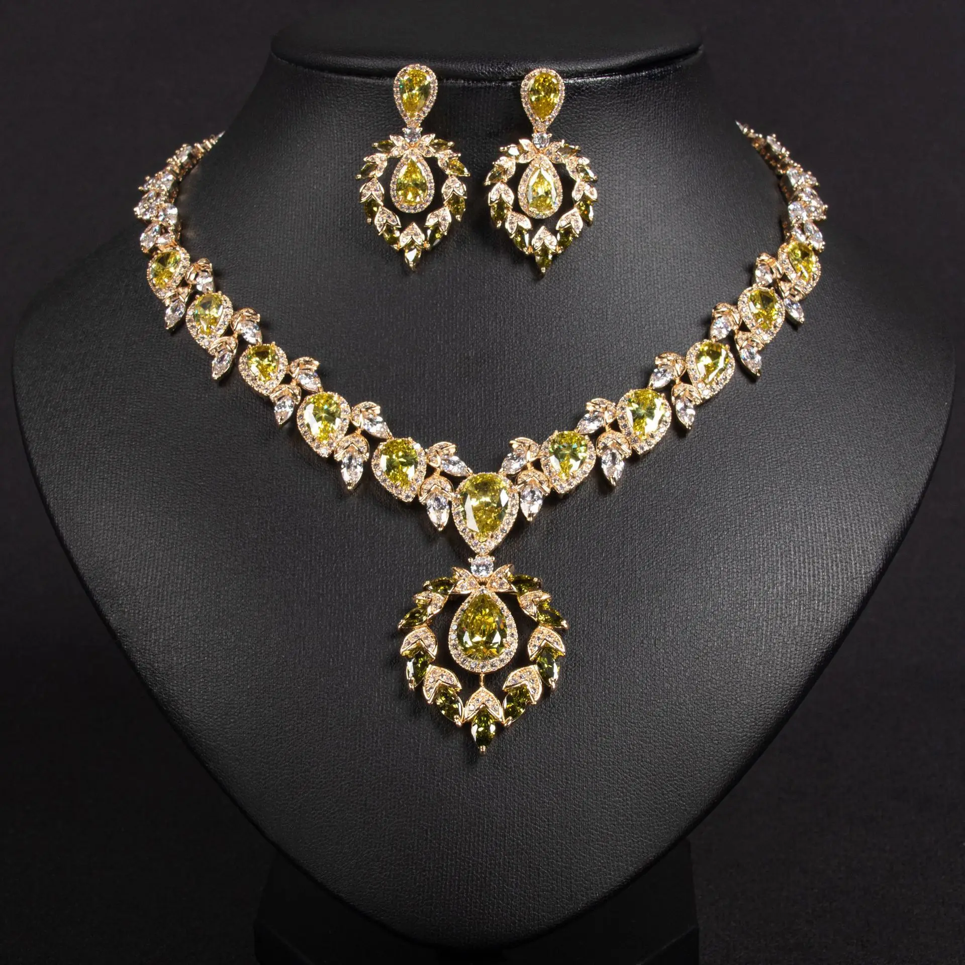 Bridal Jewelry Set with Zircon Water Drop Inlays - Multi-Color Matching, Elegant Middle Eastern-Inspired Necklace & Earrings