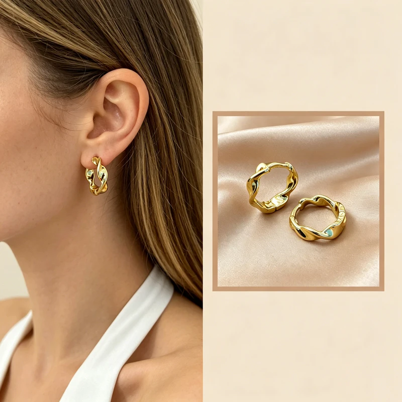 Twisted Irregular Smooth Huggie Hoop Earrings Silver Gold Two Tone Hypoallergenic Piercing Jewelry Women Minimal Stackable Daily