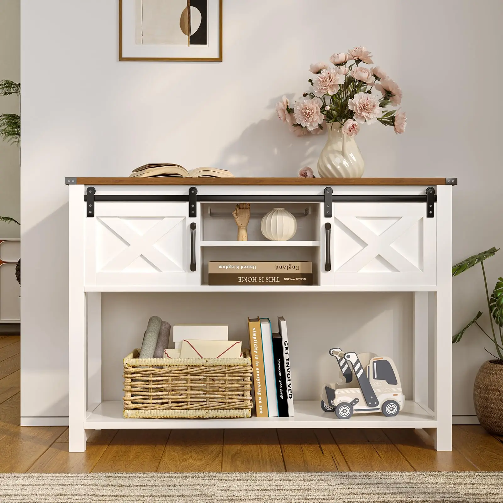 Farmhouse Entryway Table with LED Light, Sofa Table with Sliding Barn Door, Adjustable Open Shelves, 46