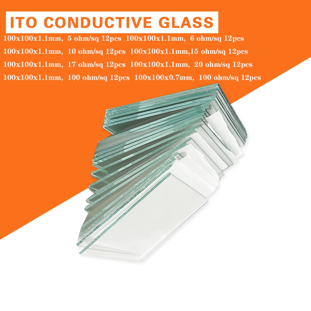 

100x100x1.1mm, 5/6/10/15/17/20/100 ohm/sq, Lab Transparent Conductive Glass Fluorine Doped Tin Oxide (ITO) Glass