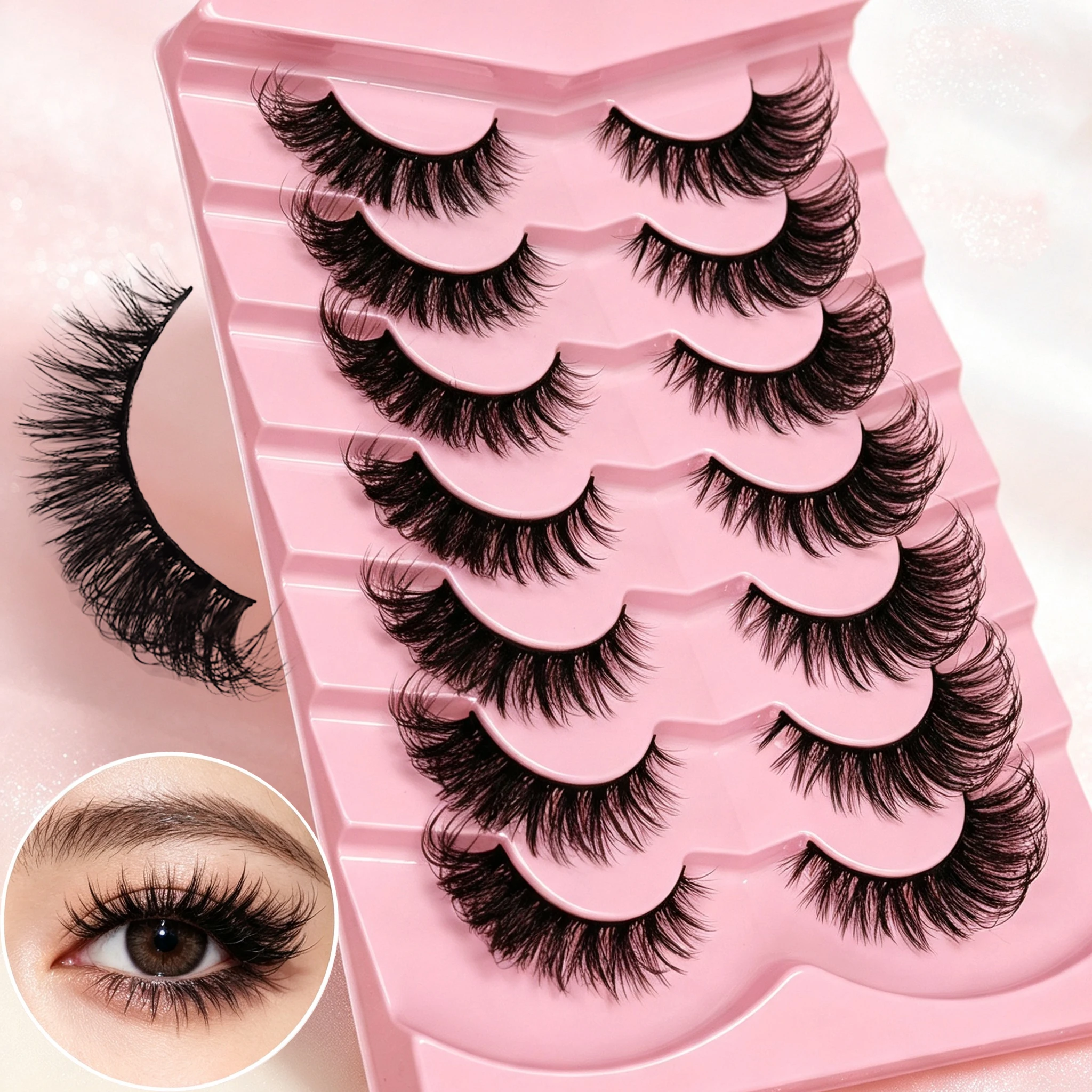 Flauschige Fox-Eye-Streifen-Wimpern, 7 Paar, Kunstnerz-Wimpern, 3D, dick, natürlich, dramatisch, wiederverwendbar, Augen-Make-up – Detail 1