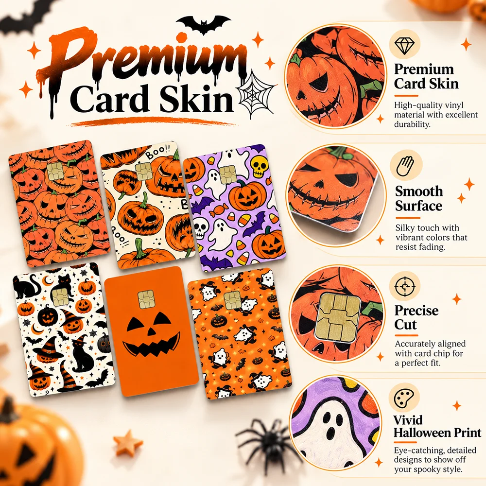 Purple Halloween Card Skin Sticker Spooky Pumpkin Boo Bat Spiderweb Pattern Decorative Chip Bank Card Cover Party Accessory