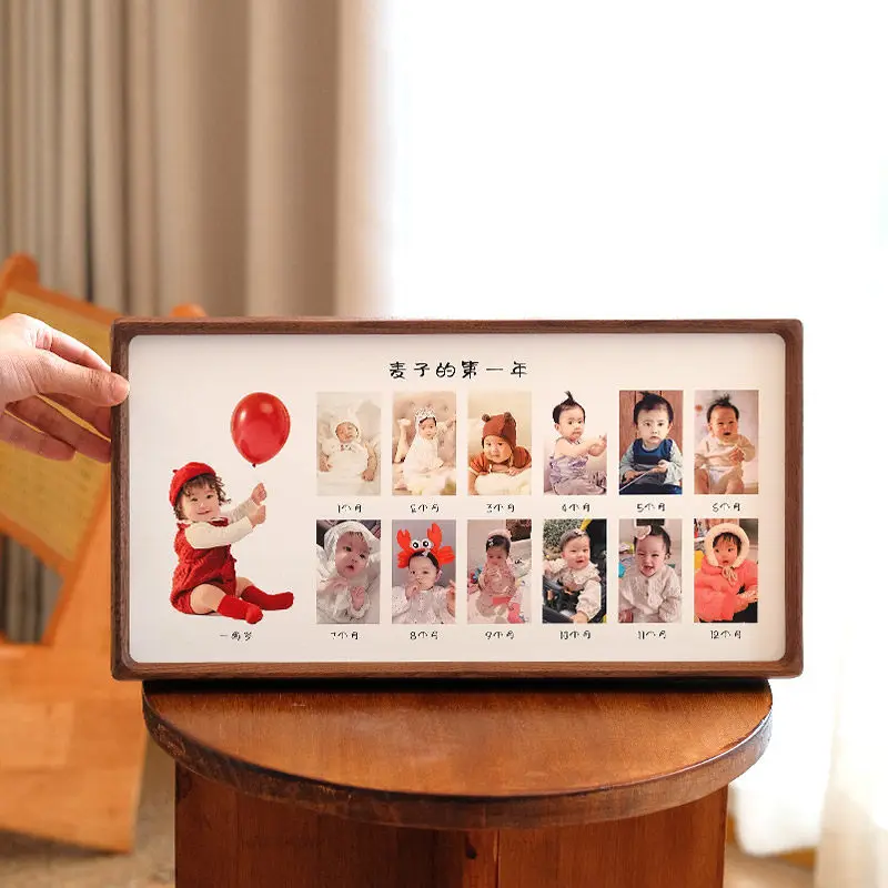 1st Birthday Photo Collage Frame Baby Growth Record 12 Month Picture Display DIY Wooden Desk Decor Premium Gift for New Parents