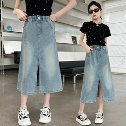 School Girls Denim Love Skirt Four Summer High Waist Casual Midi Skirt for Children Fashion Pocket Teenage Kids Jeans 13 14Y