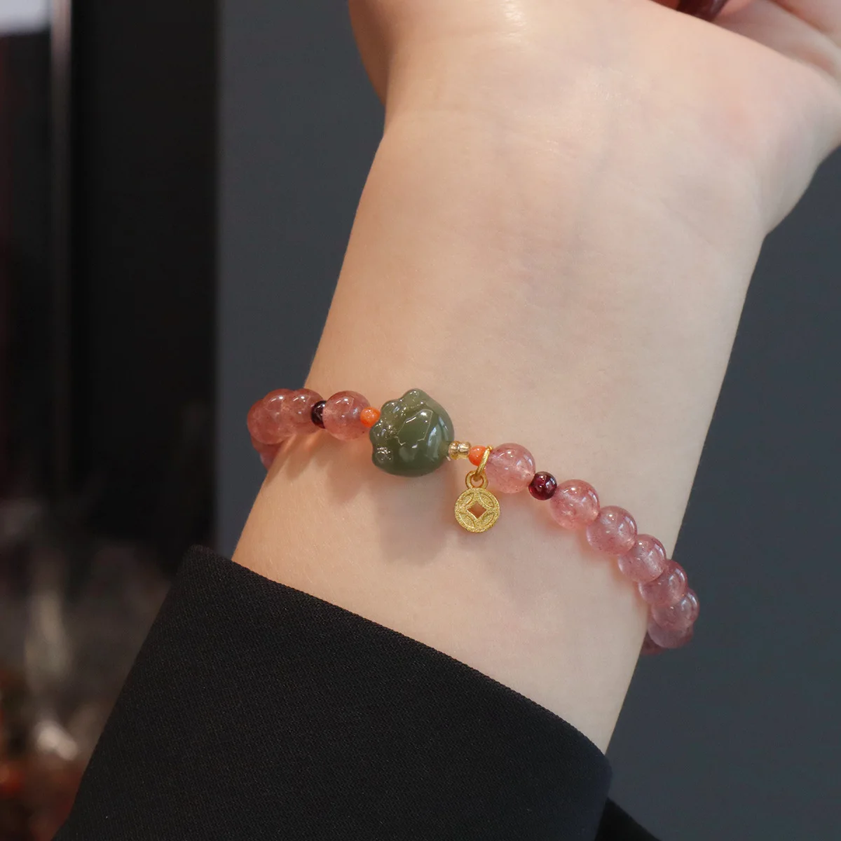 6MM Natural Strawberry Quartz Crystal Beaded Bracelet Women Lucky Hetian Jade Pixiu/Horse/Cat's Paw Charms Luxury Fine Jewelry - view 4