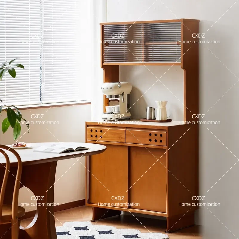 Retro Solid Wood Dining Side Cabinet with Travertine Top Small Apartment Storage Locker Multi-functional Restaurant Cupboard