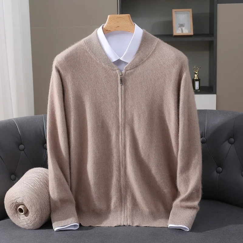 سترة صوفية محبوكة من كشمير المنك للرجال، مقاس فضفاض، ياقة واقفة، سحاب، لون سادة كاجوال، قميص قاعدة من الكشمير، معطف، سترة