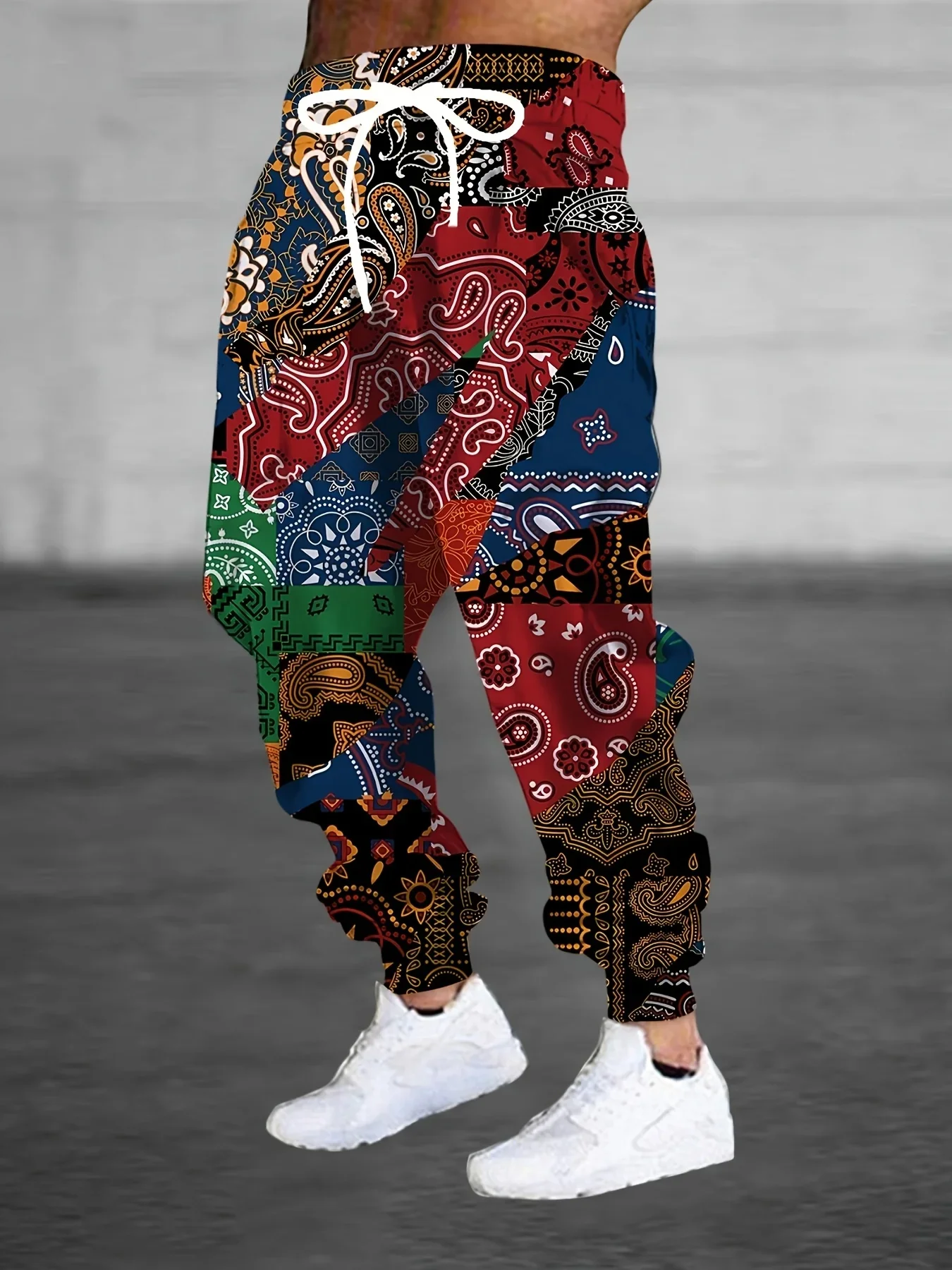 Men Paisley Bandana Patchwork 3D Print Jogger Pants Polyester Drawstring Elastic Waist Casual Streetwear Hip Hop Trousers