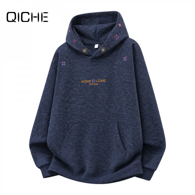QICHE 2026 Men Cotton Sweatshirt, Heavyweight Embroidered Tie Dye Long Sleeve Top, Trendy Versatile Autumn Casual Outerwear