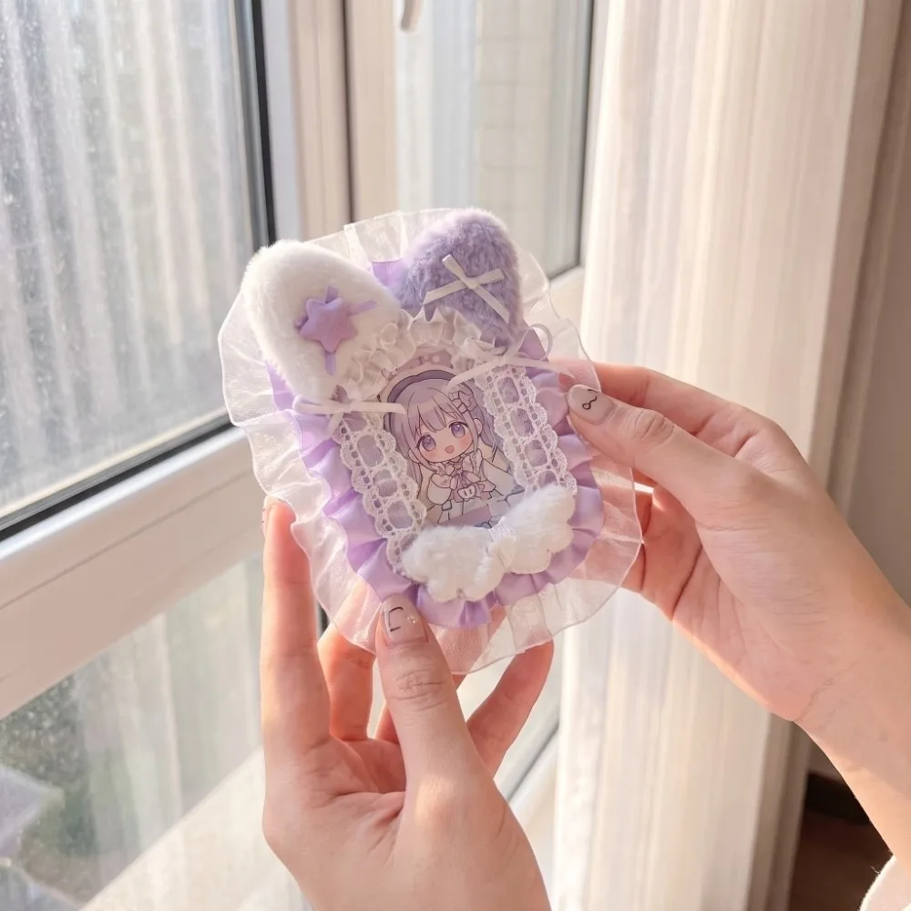 Ins Style Lace Photocard Holder Plush Cat Ear Shape Bag Charm Keychain Hanging Chain Protective Sleeve ID Card Case Girls