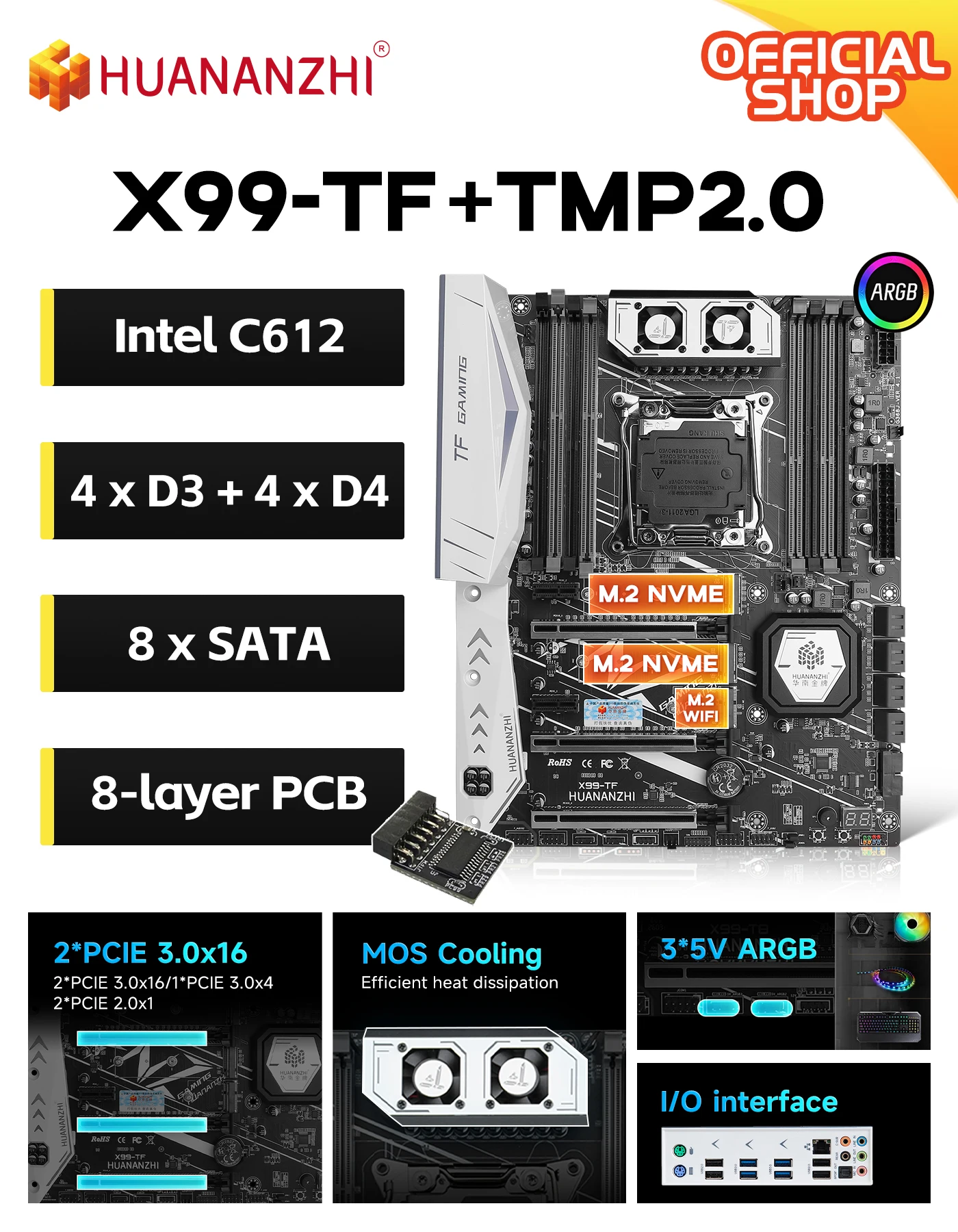 Placa Base HUANANZHI X99-TF+TPM2.0 LGA2011-3 ATX ARGB
