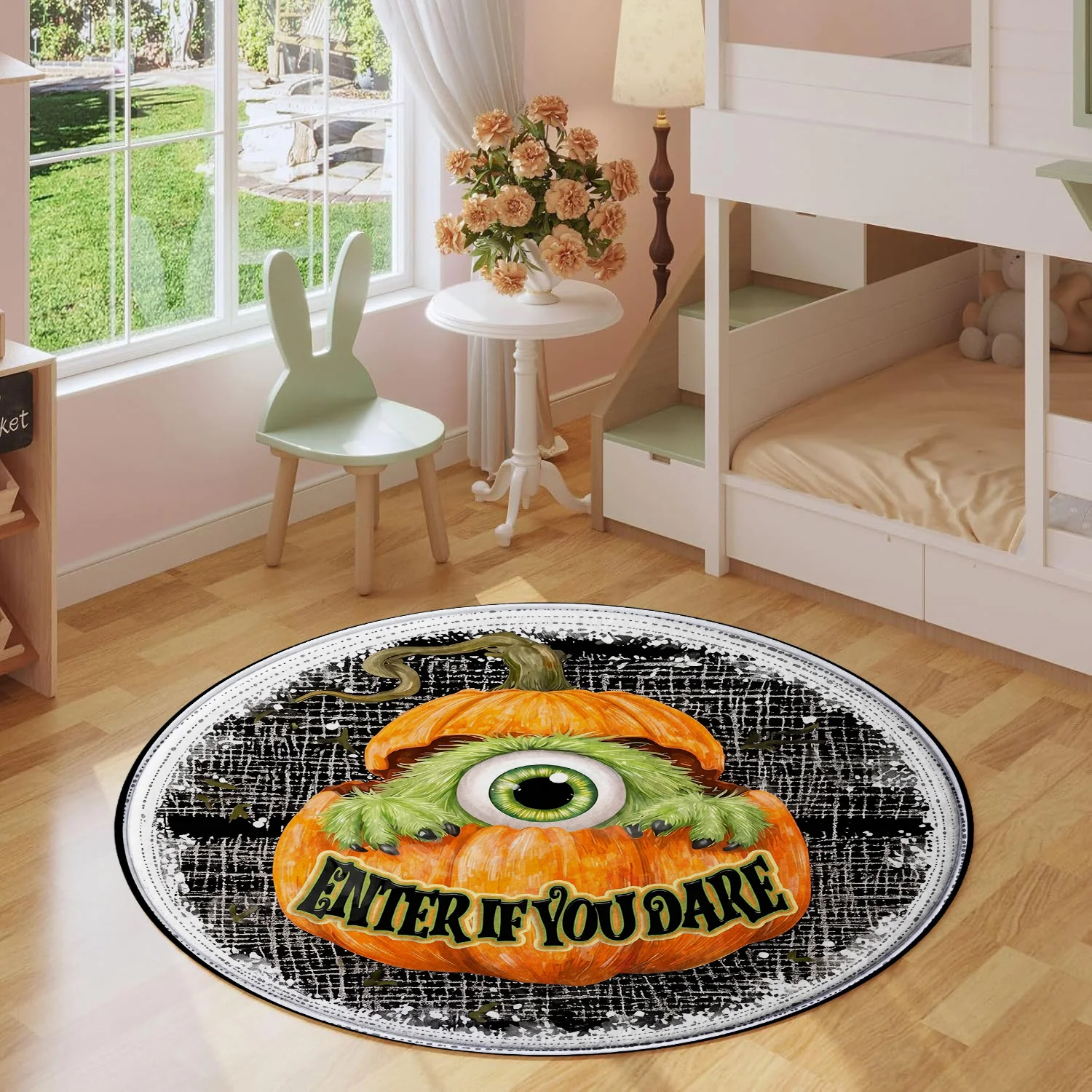 Enter If You Dare Pumpkin Eyeball Monster Halloween Grunge Pattern Holiday Luxury Round Mat Area Rug Home Decor