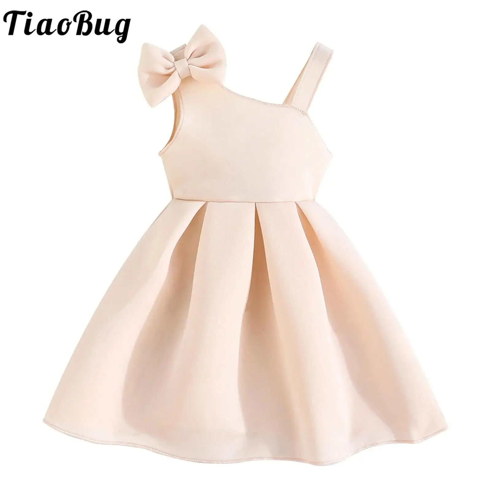 Toddler Baby Girls Sweet Summer Dress Solid One Shoulder Bowknot Flower Party Dresses Gown for Birthday Wedding Banquet Pageant